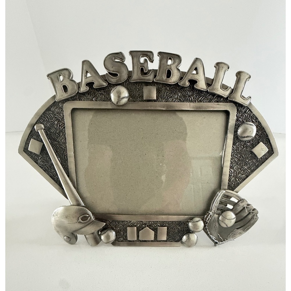 Vintage Baseball Pewter Style Picture Frame‎ Sports Theme 3D Mitt Bat Helmet